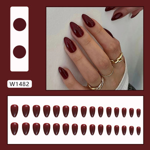 Cherry Dark Red Bordeaux Burgundy Ngắn Hạnh Nhân Giả Móng Tay Nghệ Thuật Mẹo Rắn Màu Báo Chí Trên Móng Tay - Product Image 3