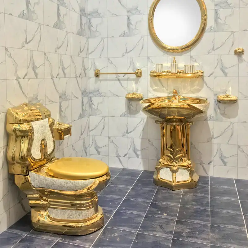 Diseño dorado de lujo WC porcelana artículos sanitarios traje inodoro lavabo baño cerámica dos piezas inodoro con lavabo de pedestal