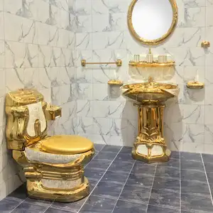 Luxury golden design wc porcelain sanitary ware suit commode wash basin bathroom ceramic two piece toilet with pedestal sink