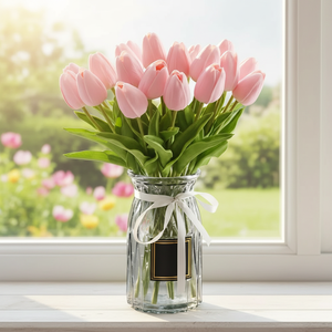 AM-AFC02 Elegante Ramo de Tulipanes Rosas con Tallos Verdes - Tulipanes Artificiales Realistas con Centros Amarillos Brillantes, Duraderos, para el Día de la Madre, Navidad - Product Image 2