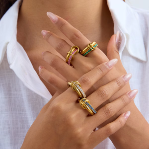 N & S Bague élégante double couche en acier inoxydable or 18K Zircon blanc <span class=keywords><strong>Pierre</strong></span> <span class=keywords><strong>précieuse</strong></span> Taille 7 Bijoux de mode classiques empilables pour cadeaux - Product Image 2