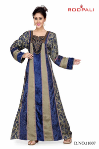 Blue Grey Designer Kaftan with Fabric Mix N <b>Match</b> Jalabiya Elegant Printed Panel Design Stylish Modest Wear for Women - Product Image 4