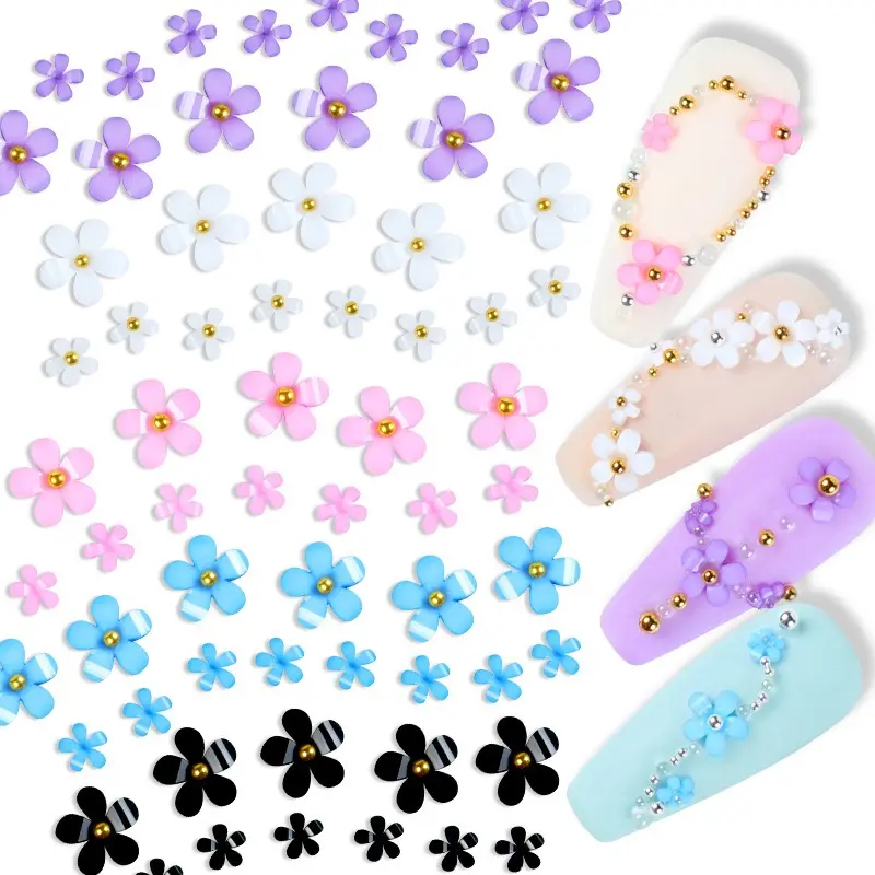 Mix Silver gold beads charms resin floral DIY nail art decoration 3d acrylic flowers for nails