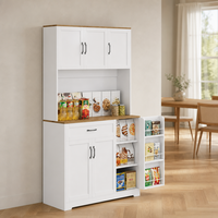 Buffet blanc et chêne, armoire de rangement à 3 portes ouvertes, 1 tiroir, 2 portes en mélamine, meuble de cuisine, garde-manger, vente en gros