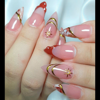 LUMEILA Ongles à presser en acrylique couvrants, thème Océan Rose, 3D Coquillage Étoile de mer Fleur Goutte d'eau Amande, avec colle, finition brillante, nude nacré