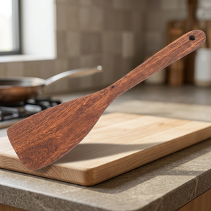 Ensemble d'ustensiles de cuisine en bois de teck naturel : spatule, cuillère ajourée, cuillère de service et fourchette pour la cuisson - Product Image 3