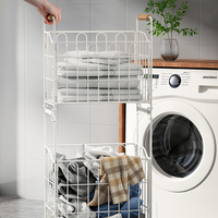 Panier de rangement pliable en acier au carbone pour vêtements sales, à double niveau, rectangulaire, chariot de salle de bain avec poignée en bois