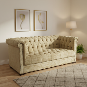 <span class=keywords><strong>Canapé</strong></span> triple vintage en velours doré avec garniture cloutée, accoudoirs roulés et rembourrage profond à boutons, pour hall d'hôtel - Product Image 5