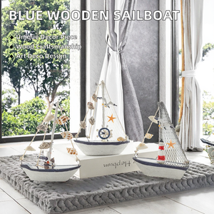 Mini ornement de bateau à voile nautique bleu de Style méditerranéen 1pc artisanat en bois pour la décoration intérieure et la fête d'anniversaire Art déco Design - Product Image 2