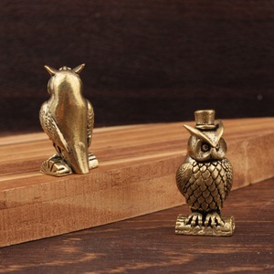 Owl Brass Ornament 2Pcs Desk Decor Home Office Traditional Style <b>Standing</b> Owl With <b>Hat</b> Craft - Product Image 2