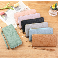 Dompet Kulit PU Model Panjang Minibook 2026, Bunga Timbul Custom, Rantai, Poliester, Multifungsi Wanita, Bisnis Pria Sederhana