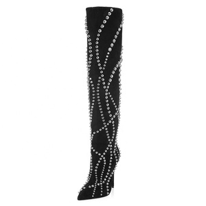 Bottines longues en daim bleu royal pour femmes, à rivets, talon fin, bout pointu, chaussures habillées, bottines à talon aiguille pour femmes - Product Image 6