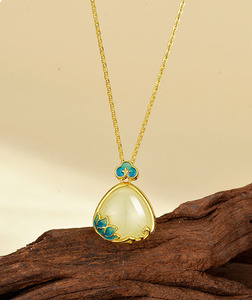 S925 <b>Sterling</b> <b>Silver</b> Enamel Lotus Inlaid Jade <b>Necklace</b> Dainty Retro Oriental Jewelry Gift For Women Girls Daily Wear - Product Image 4