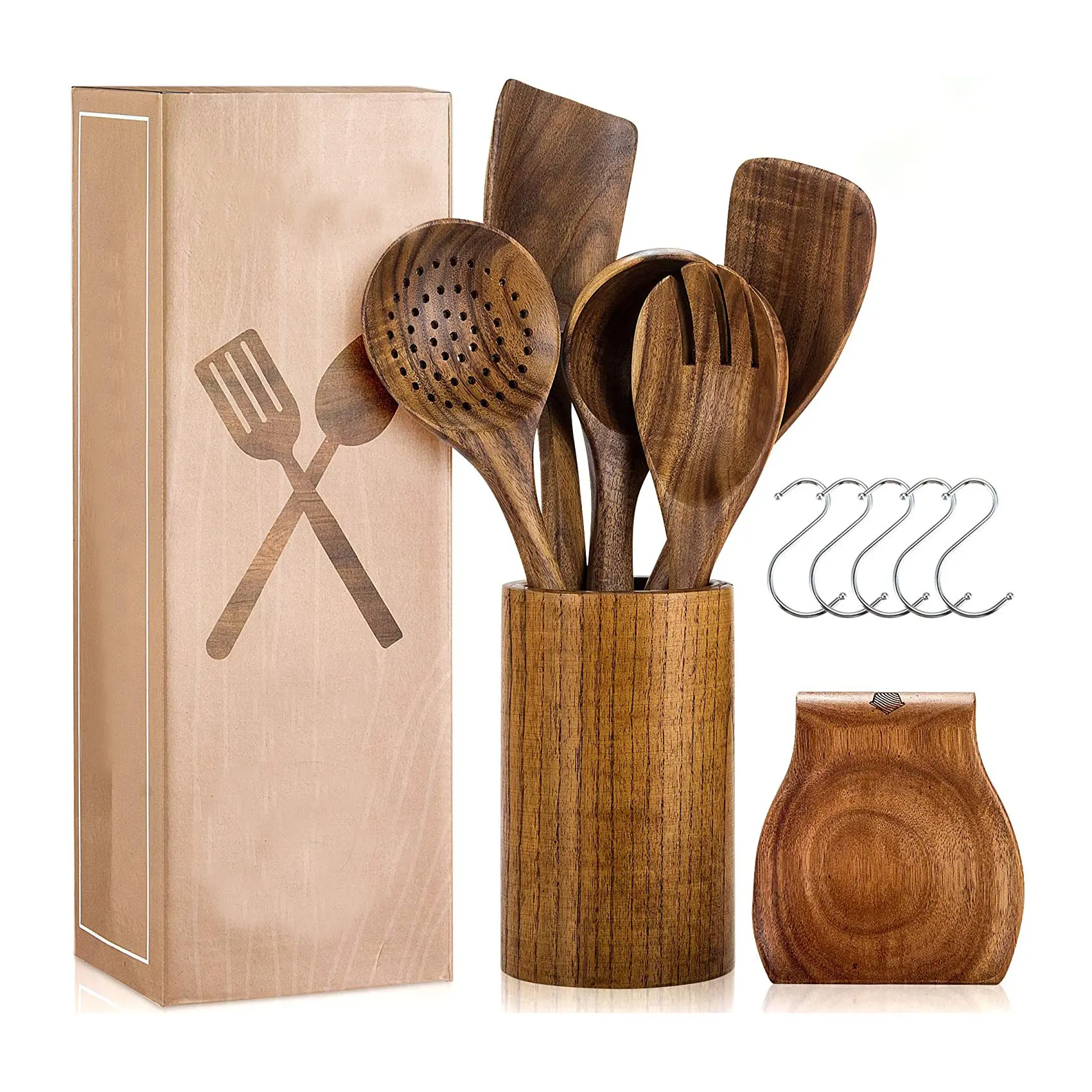 Хит продаж, деревянная кухонная утварь с подставкой, шпатель и подставка для ложек из натурального тика, деревянная кухонная утварь, 12 комплектов