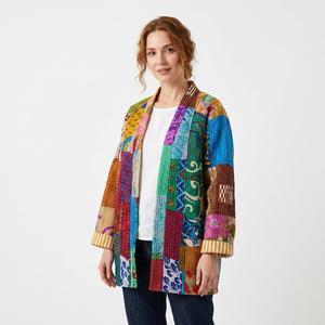 Women's Printed Knitted Quilted Hand Drawn Cotton Bomber <b>Jacket</b> Patchwork Reversible Lace Floral Boho <b>Hippie</b> Style Autumn Winter - Product Image 1