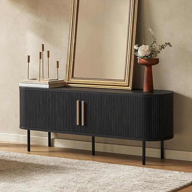 wooden Fluted Entertainment Center Sliding Door Tv Cabinet Living Room Mid Century Modern TV Console TV stand