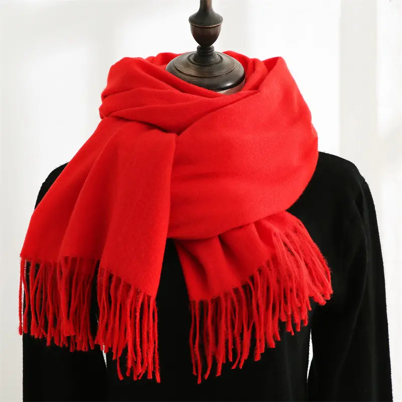Fashion Soft Tassel Lady Pure Red Polyester Pashmina Cashmere Shawls Scarf For Women