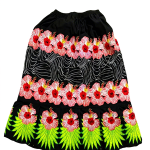 Hawaiian Floral Embroidered <b>Chiffon</b> <b>Skirt</b> Women Elastic Waist Customizable Cotton A-Line Preppy Style Knee-Length Summer - Product Image 1
