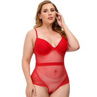 Body sculptant sexy grande taille pour femme en tissu résille rouge, avec décolleté en V ajouré, dentelle et maille, effet push-up poitrine, respirant