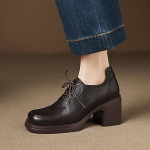 High Quality Sheepskin Square Head Front Lace-Up Waterproof Platform Single Shoes Fashion Retro Soft Sole Classic <b>Mary</b> <b>Jane</b> - Product Image 5