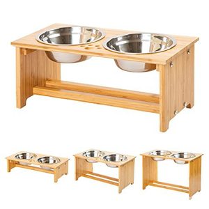Support de nourrissage pour animaux de compagnie en bambou avec deux bols en acier inoxydable, surélevé, pour la nourriture et l'eau des chats et des chiens, plusieurs tailles disponibles - Product Image 1