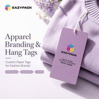 Étiquettes suspendues en papier violet lilas imprimées sur mesure avec coins arrondis et cordon en coton pour vêtements, habits et marquage de vêtements