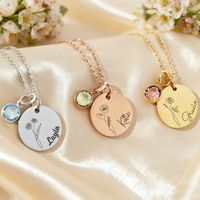 Kalung Liontin Paduan Tembaga Berlapis Emas dengan Ukiran Laser Nama Pribadi, Bunga Ulang Tahun Wanita, Rantai Bambu, Desain Lintas Batas