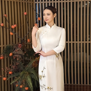 Vestidos <span class=keywords><strong>Cheongsam</strong></span> Qipao para Mujer, Estilo Chino Moderno, Túnicas Formales <span class=keywords><strong>de</strong></span> Satén <span class=keywords><strong>Blanco</strong></span> para Damas - Product Image 4