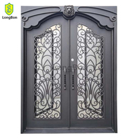 Porte d'entrée double en fer forgé à dessus carré, en acier, pour extérieur, porte de sécurité en métal