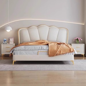 <span class=keywords><strong>Letto</strong></span> Matrimoniale King-Size con Rivestimento in Pelle Morbida, Stile Crema, Arredamento Camera da <span class=keywords><strong>Letto</strong></span>, Struttura in Legno Massello, Design Semplice - Product Image 1