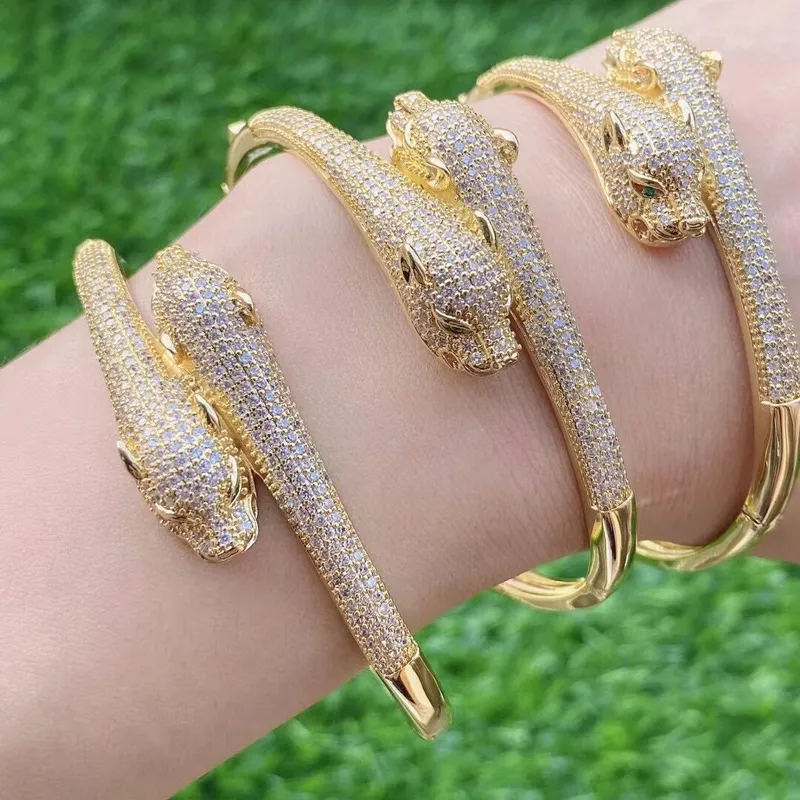 24K Gold Plated Leopard Snake Head Jewelry Bangle Luxurious Adjustable Dainty Women Cubic Zirconia Cuff Bangle