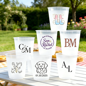 Vasos Redondos Esmerilados Personalizados Blancos de 12 oz y 14 oz, Vasos Redondos Esmerilados Personalizados de 9 oz, Vasos de Plástico con Nombre y Cresta Impresos para Bodas y Fiestas - Product Image 1
