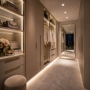 Dressing moderne avec zone de suspension ouverte, rangements intégrés, tiroirs et meuble de toilette sur mesure pour projets de chambre à coucher - Product Image 5