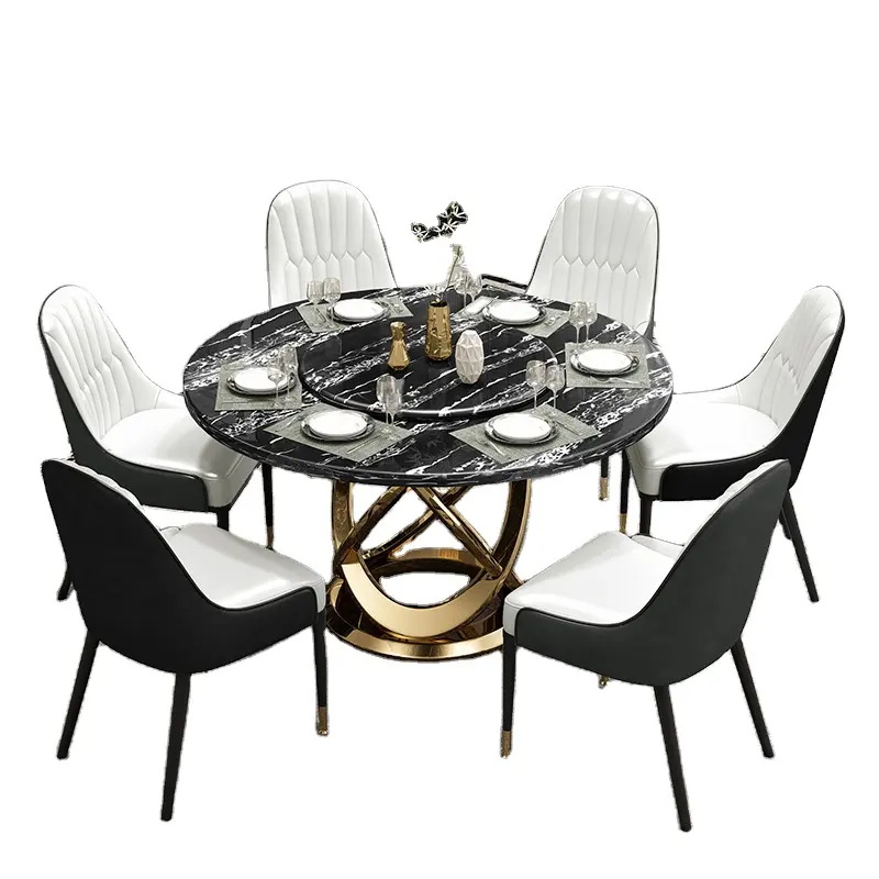 Italiaanse Marmer Top Moderne Ronde Eettafel Set 6 Stoelen