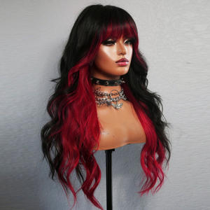 Peluca de Cabello Humano 100% Natural con Raíz Rosa y Reflejos, Negra, con Flequillo, Ondas Suaves, Densidad 180-200, Encaje Frontal 13x4 13x6 - Product Image 4