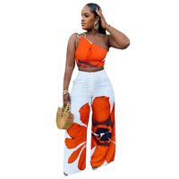 D9738 – Ensemble deux pièces sexy pour femme, best-seller, imprimé floral, asymétrique à une épaule, coupe ajustée, pantalon long à jambes larges, idéal pour les soirées