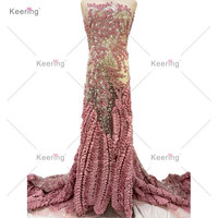 Keering Haute Qualité Orange Brûlé Couleur Perlé Dentelle Tissu De Luxe Net Dentelle Paillettes Maille Dentelle avec Perle pour Fête De Mariage