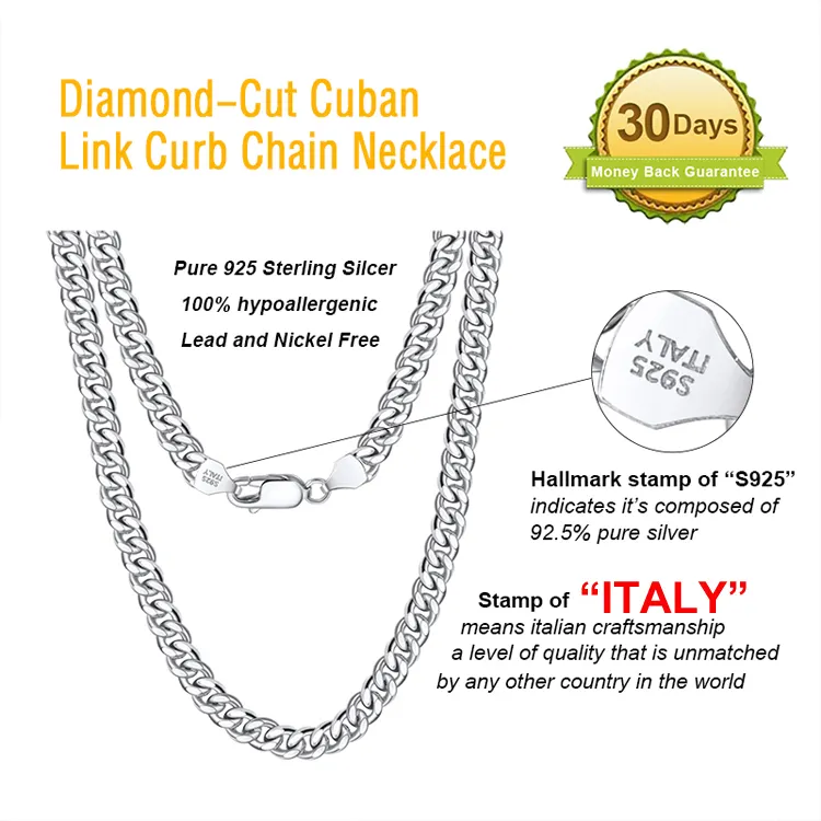 RINNTIN SC36 925 Sterling Silver Chains Hip Hop Jewelry 3.6/5/7mm Chunky Diamond-Cut Cuban Link Chain Necklace für Men Women