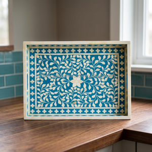 Plateau de service rectangulaire décoratif en bois incrusté de motifs floraux bleu turquoise, fait main, de qualité supérieure, pour table - Product Image 1