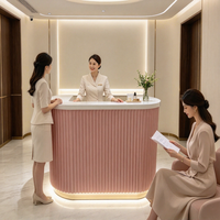 Bureau d'accueil rose élégant et personnalisé avec panneau à rayures minimaliste et support de bar pour salon, spa, centre de beauté et bien-être