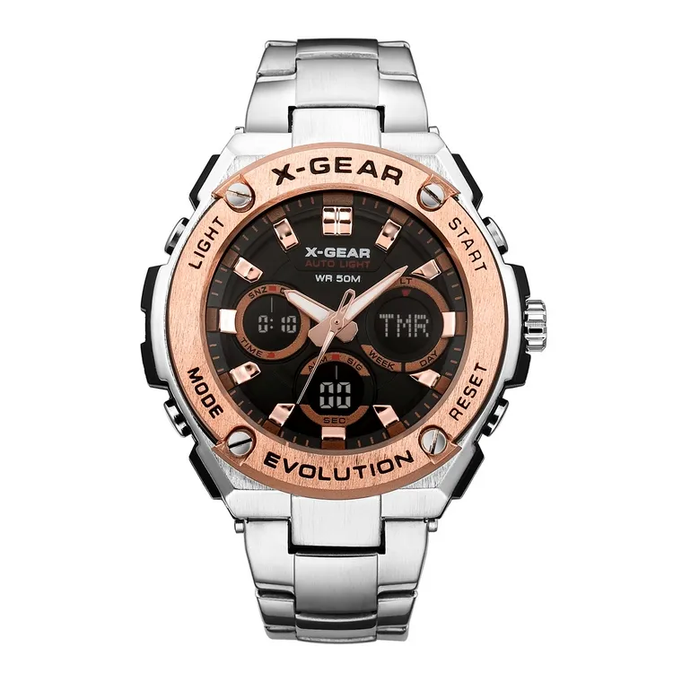 X-GEAR top sellers 2019 for amazon alloy electronic digital quartz dual display men luxury watch