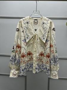 Women's Vintage French Style 2-Piece Set Floral Hollow Embroidered Printed Lapel Long Sleeve Shirt <b>Top</b> & Above Knee Shorts - Product Image 4