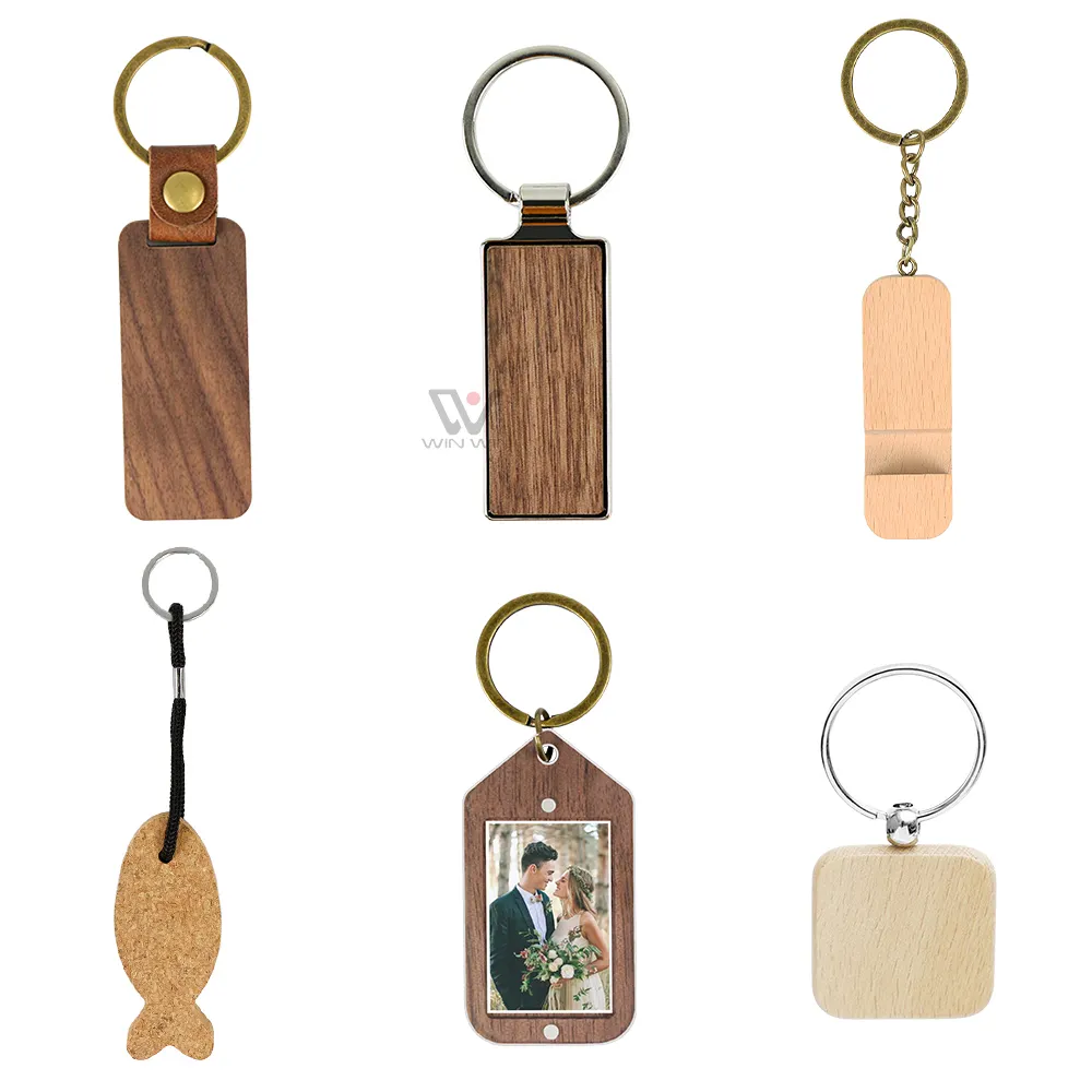 여러 스타일 금속 열쇠 고리 열쇠 고리 레이저 공백 조각 사용자 정의 키 체인 가죽 나무 키 체인 나무
