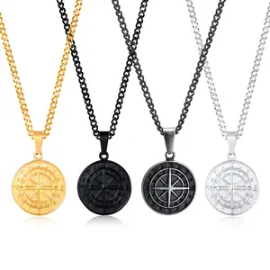 Vintage Collar De Hombre Stainless Steel Nautical Circle Coin Compass North Star Pendant Necklace for Men Women
