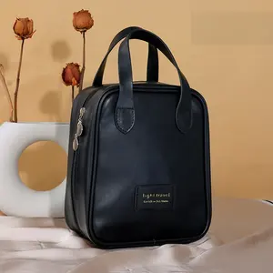 Bolsa cosmética con cremallera de cuero pu personalizada de estilo elegante, bolsa cosmética de maquillaje Rosa impermeable para viajes al aire libre con asa