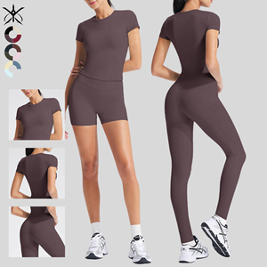 Ensemble de yoga et de fitness extensible quatre directions pour femme – T-shirt respirant décontracté et polyvalent et pantalon taille haute – Ensemble de sport et de course à séchage rapide - Product Image 1