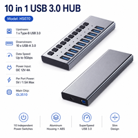 Hub USB 3.0 de 10 Puertos con Alimentación, Divisor Múltiple de Aluminio con 10 Interruptores Individuales, Adaptador de Corriente de 12V 4A para PC