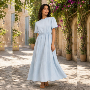 Elegante Vestido Corto de Algodón Azul Cielo |   Maxi ligero con capas para verano informal y vacaciones - Product Image 1