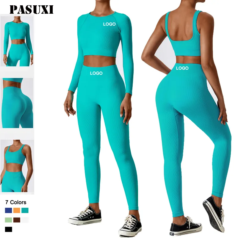 PASUXI yeni 2 parça setleri spor naylon Spandex dikişsiz Yoga giyim setleri bayan nervürlü spor salonu spor Yoga seti