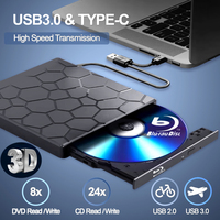 Grabadora Externa de Blu-ray 7 en 1 USB 3.0 y Tipo C, Unidad Óptica Delgada para Blu-ray y DVD con Lector de Tarjetas SD/TF y 2 Puertos Hub USB 3.0, Compatible